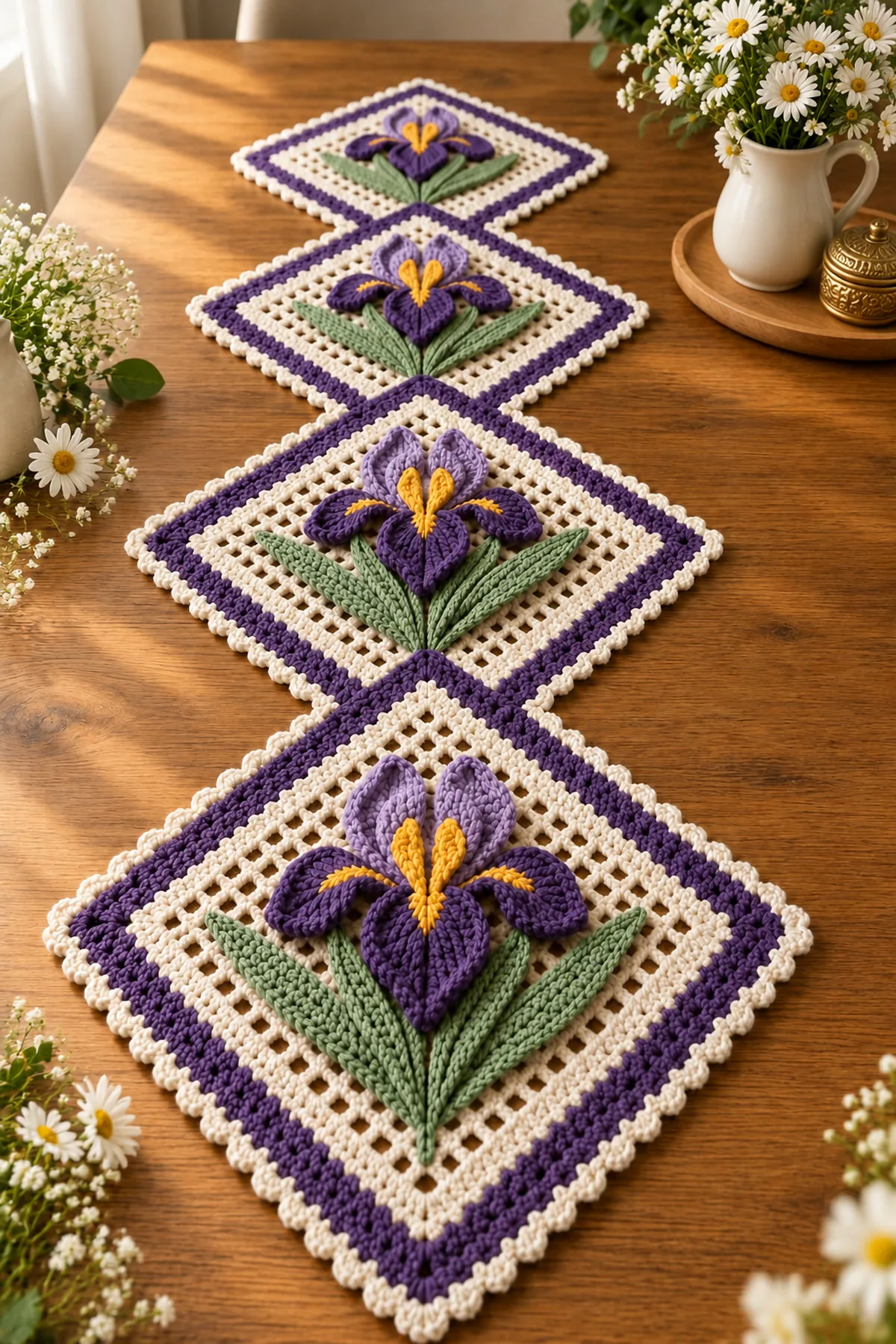 Finished four-diamond purple iris crochet table runner displayed on a warm wooden dining table