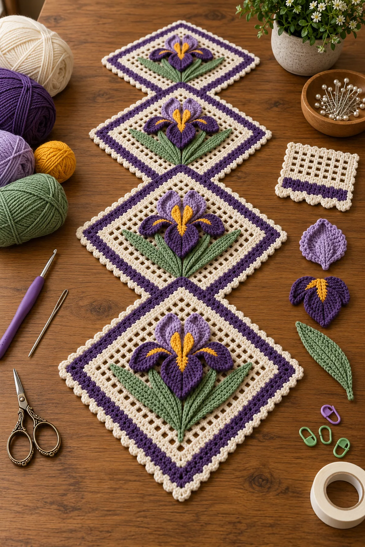Cream purple lavender gold and sage yarn with hook needle scissors markers and blocking tools