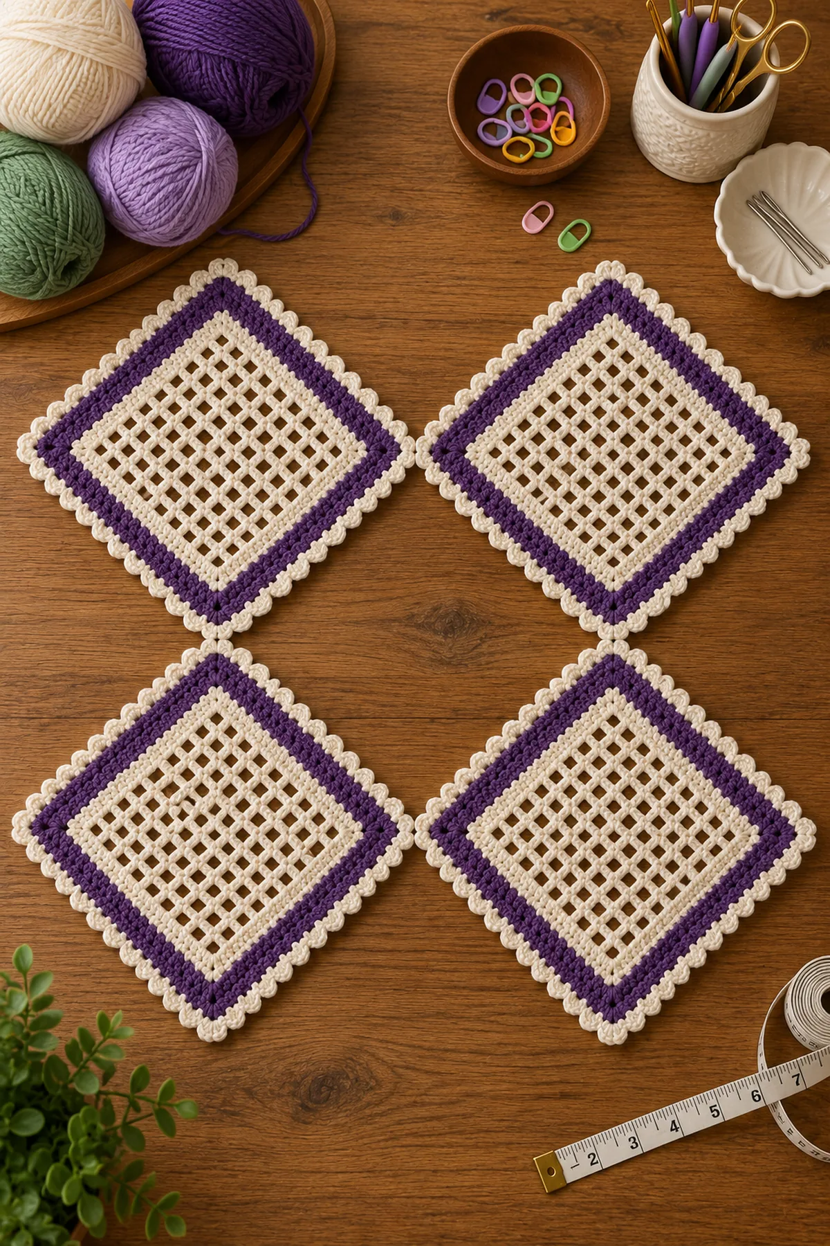 Four cream filet-mesh crochet squares with purple frames and white scalloped borders