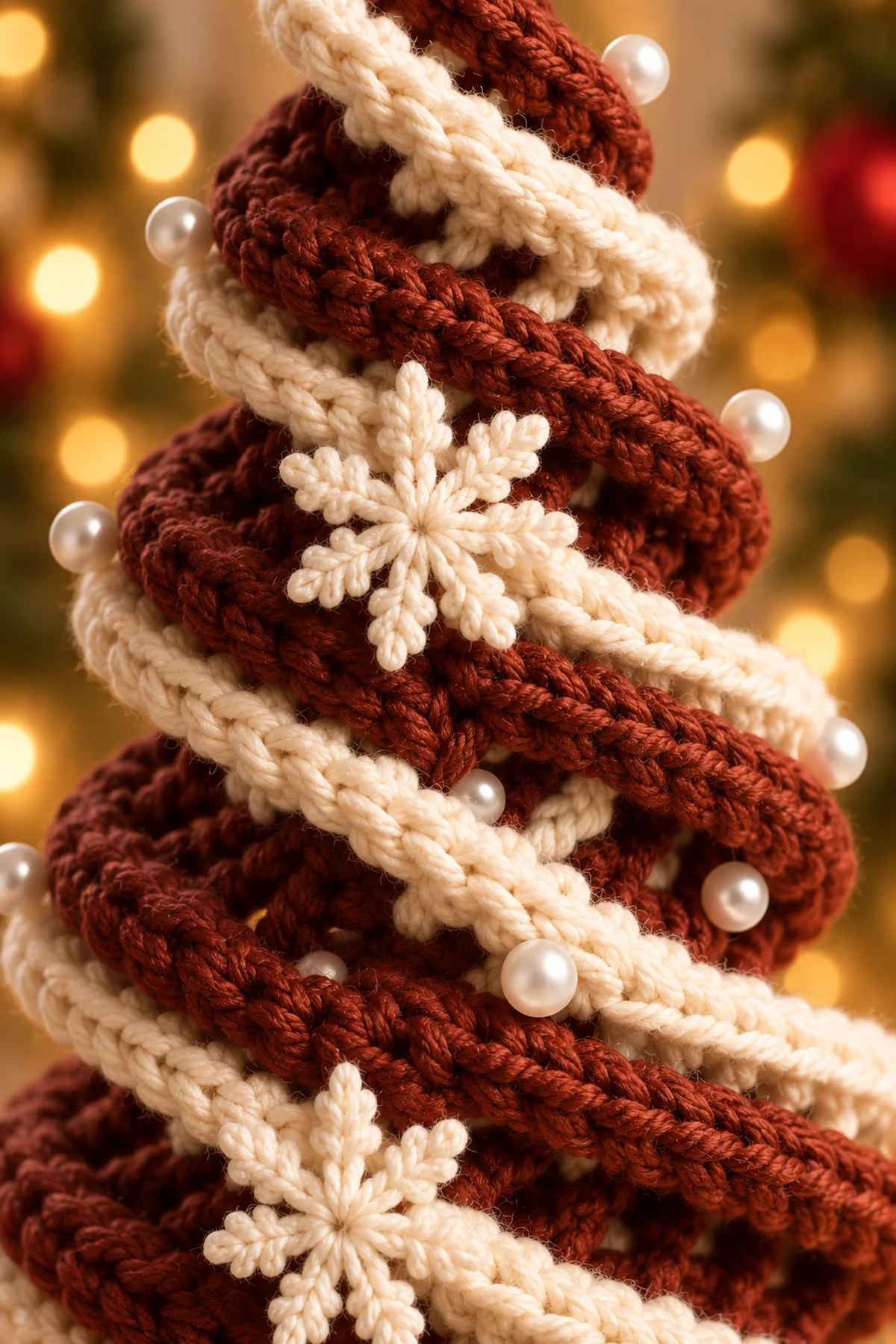 Close view of rust spiral stitches cream snow edging white pearl beads and a small crochet snowflake
