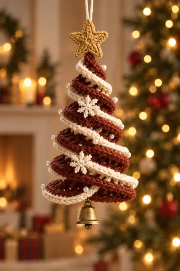 Rust crochet spiral Christmas tree with five cream-edged turns gold star snowflakes pearls and brass bell