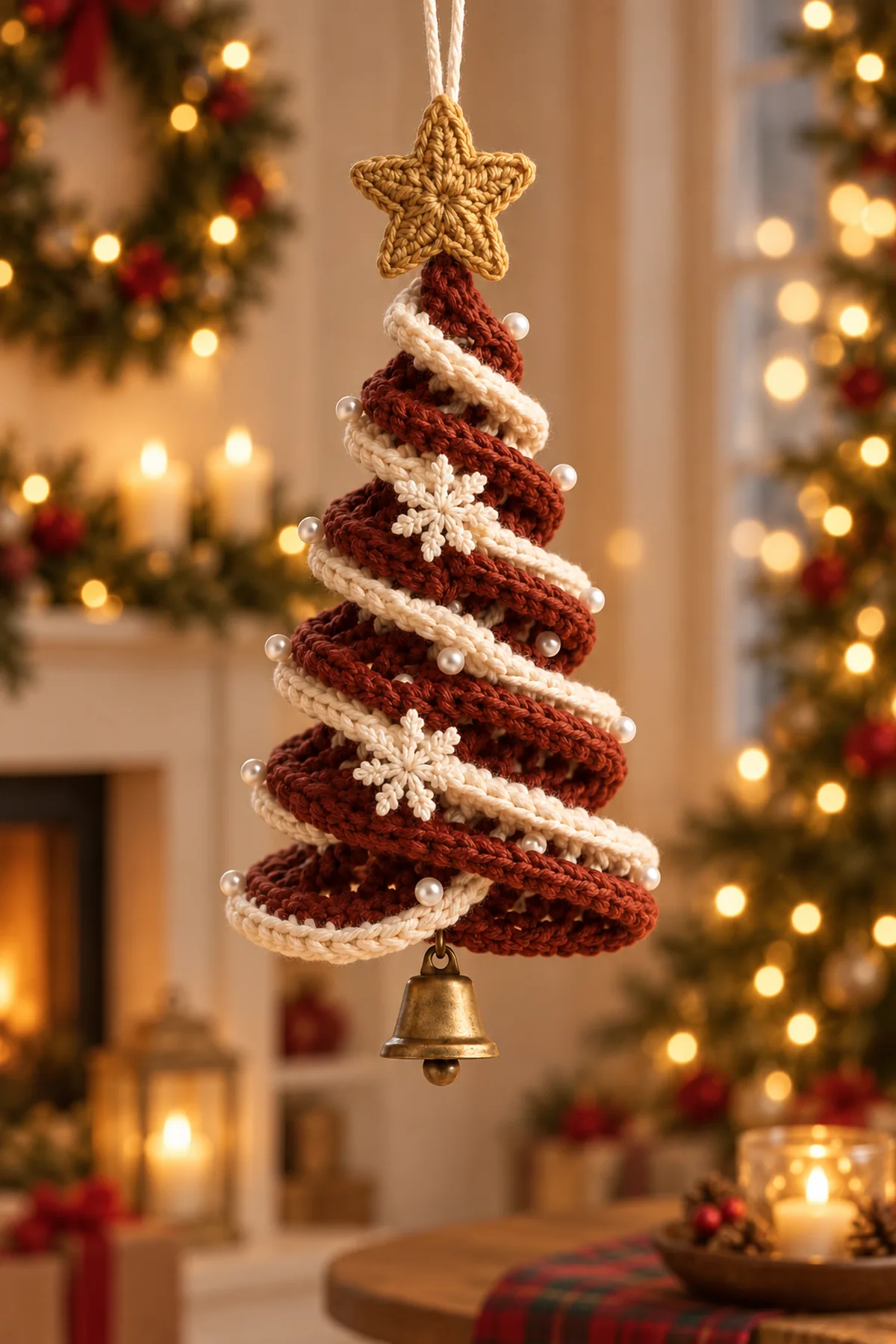 Finished spiral Christmas tree with gold star and brass bell hanging in warm holiday lights