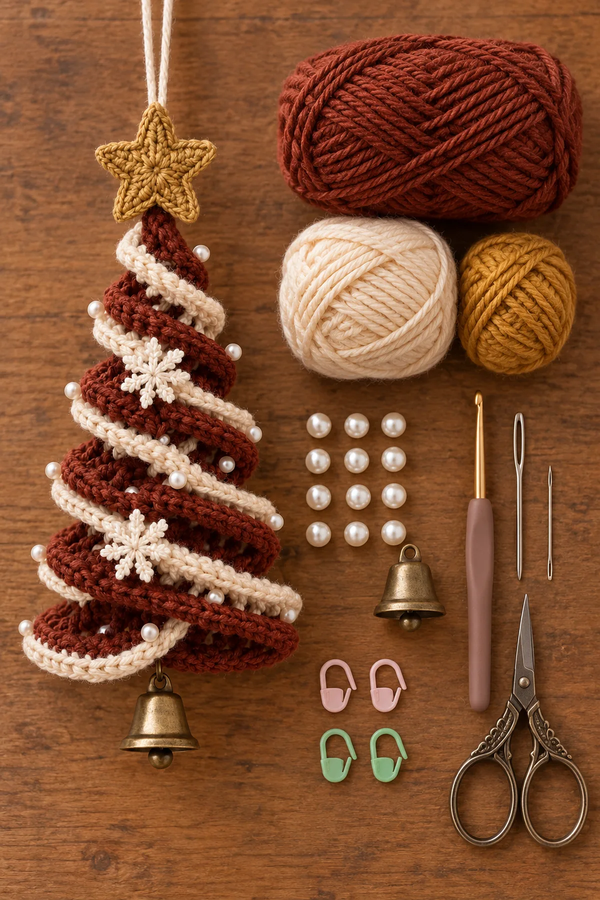 Rust cream and gold yarn with crochet hook pearl beads brass bell needle markers and scissors