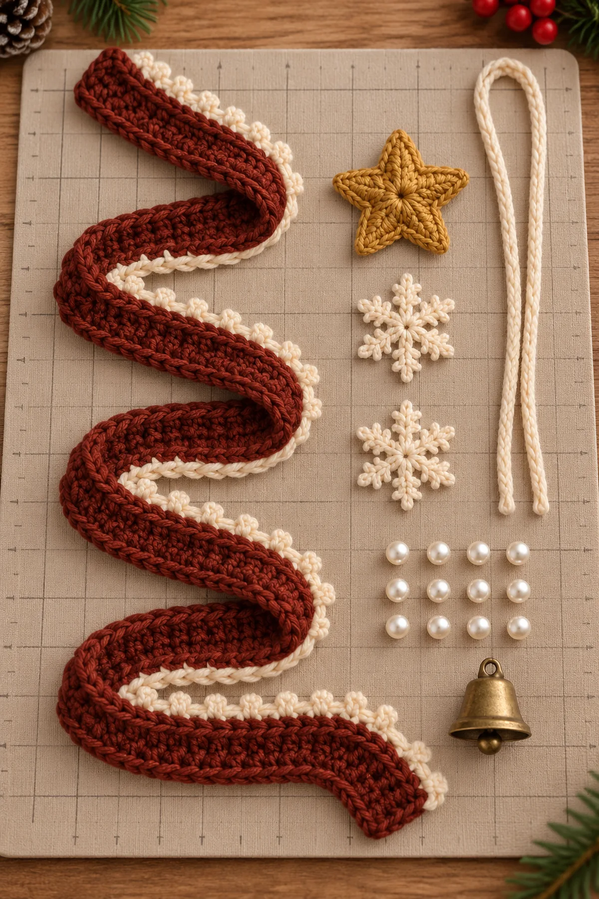 Long rust crochet ribbon with cream picot edging beside a doubled cream suspension cord