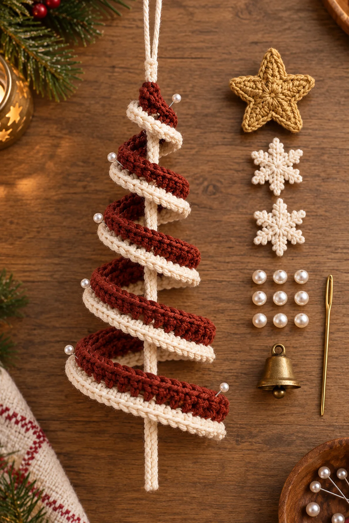 Five-turn crochet spiral tree pinned around its center cord before star snowflakes pearls and bell are secured